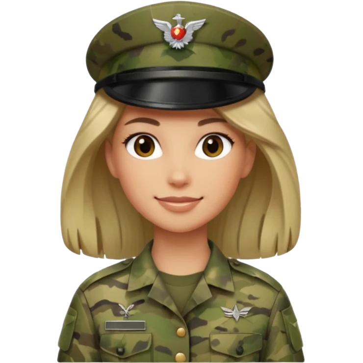 Female soldier emoji in Apple style, no cap/helmet, bust portrait, gentle smile, generic camo, hair visible, soft gradients, transparent PNG emoji