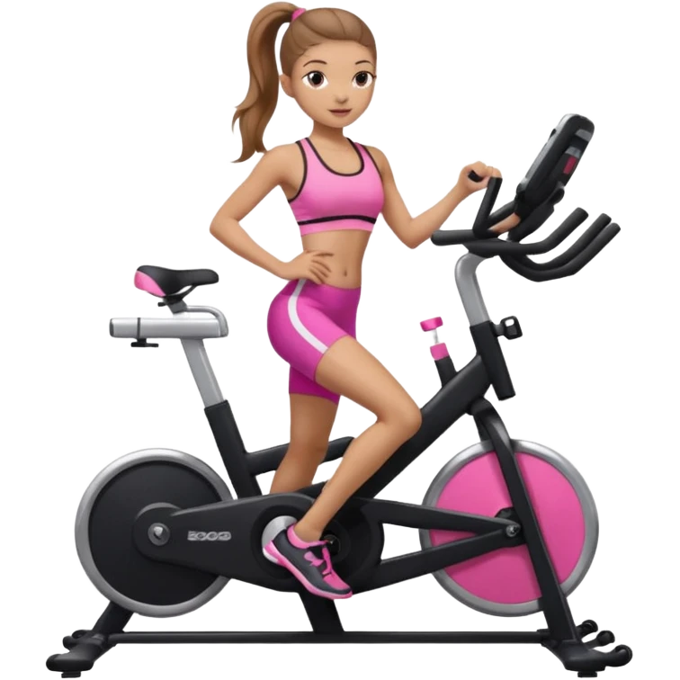 Light skin girl with long light brown hair in a pony tail, black workout set leaning on a indoor spin bike with NO HELMET, can we add a pink sports bra  emoji