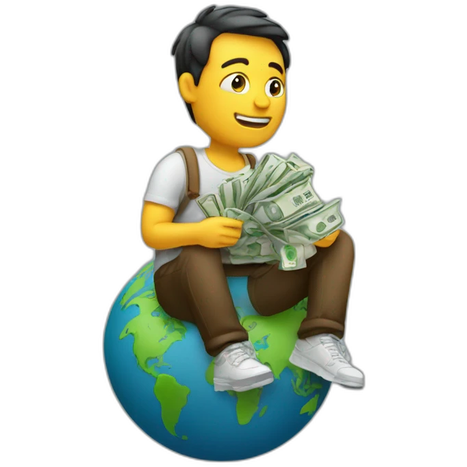 man sitting on globe with money bag emoji