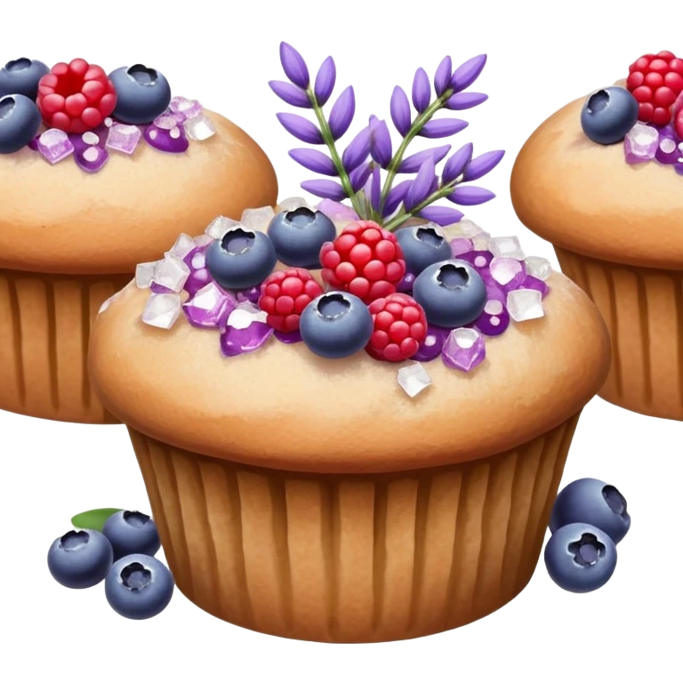 Lavender flower sprigs on a muffin with berries and sugar crystals without frosting  emoji