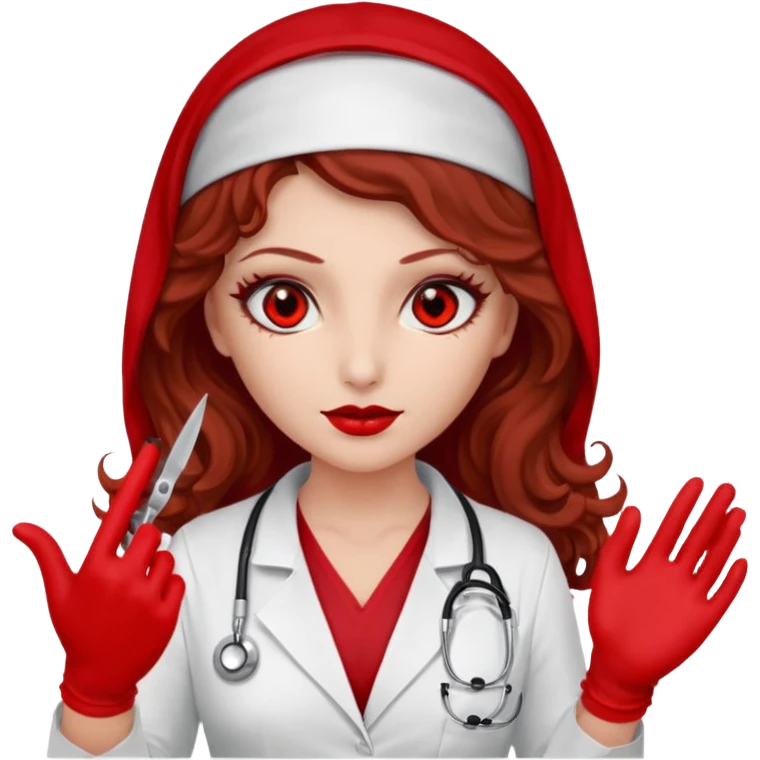 Lilith scalpel in hand, evil surgeon sexy surgeon clothes.  She has red eyes. She brown long curly hair. Wears sexy doctor outfit with red gloves. Wears red burka to hide her identity emoji