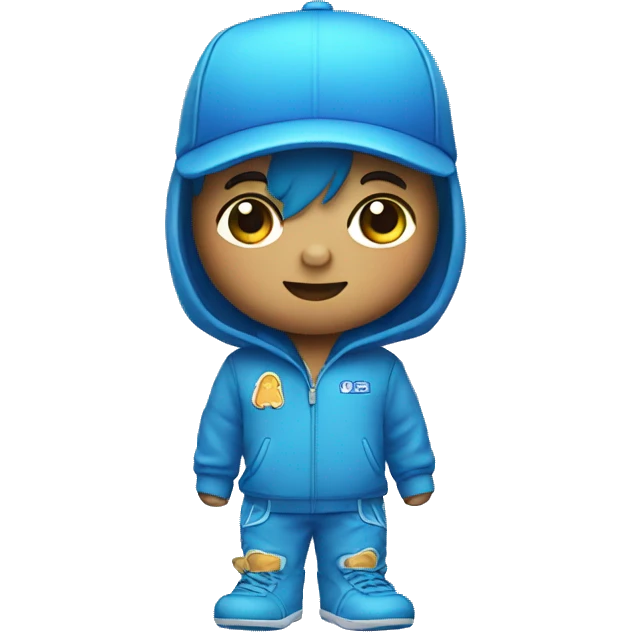 cute mascot dressed in blue outfit holding toy emoji