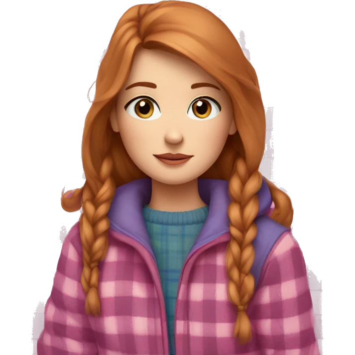 a girl with light reddish brown hair and blue eyes lies under a winter pink plaid emoji