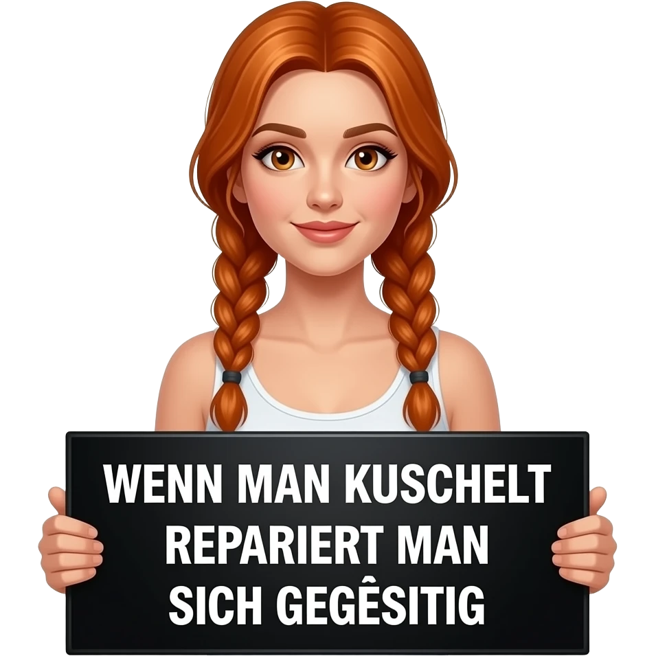 sexy girl with long ginger braids and ginger eyes wearing a white tanktop is holding a big black sign with WENN MAN kuschelt REPARIERT man sich GEGENSEITIG written on it emoji