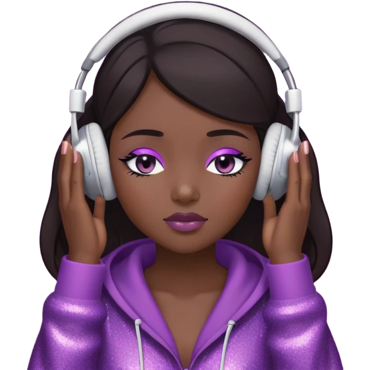Girl with dark hair, wearing a cover up, has glitter on her eyelids, and wearing mauve lipstick, wearing headphones, her hands are on her ears, and her eyes are close emoji