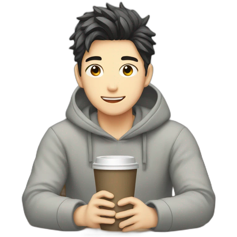 1boy, bishounen, casual, indoors, sitting, coffee shop emoji