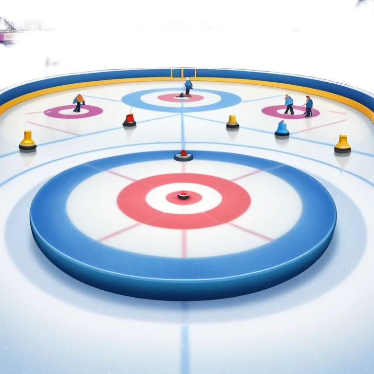 please, An icon featuring the curling rink, with its distinctive circles, and a vibrant crowd in the stands. Snowflakes fall outside the arena, and bright lights illuminate the ice. a curling stone sliding across the ice, with a broom nearby. Transparent background. emoji