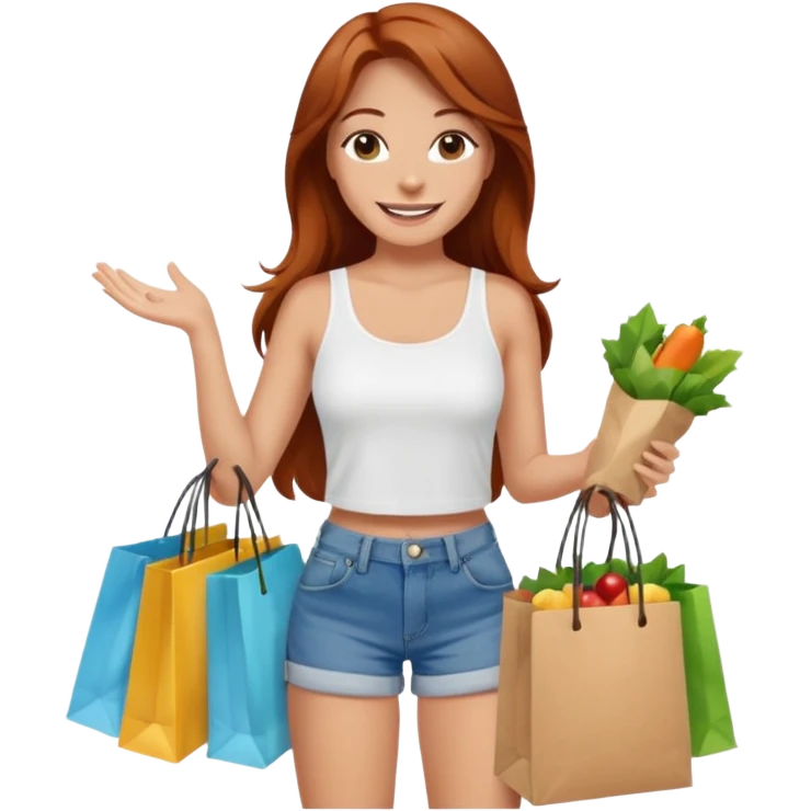 Mujer joven blanca de contextura media sonriendo con cabello largo cobrizo vestida con top blanco y short de jean con bolsas de compras emoji