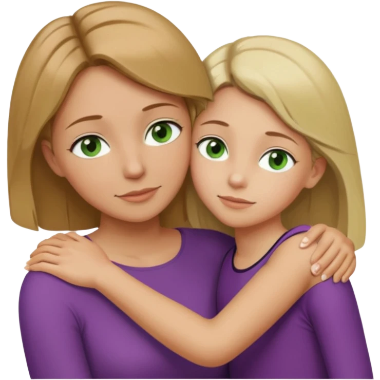 Mom daughter hugging, mom has light brown hair to collarbone and green eyes and is white with tan skin, daughter has dirty blonde hair to upper back with hazel eyes and is white with tan skin emoji