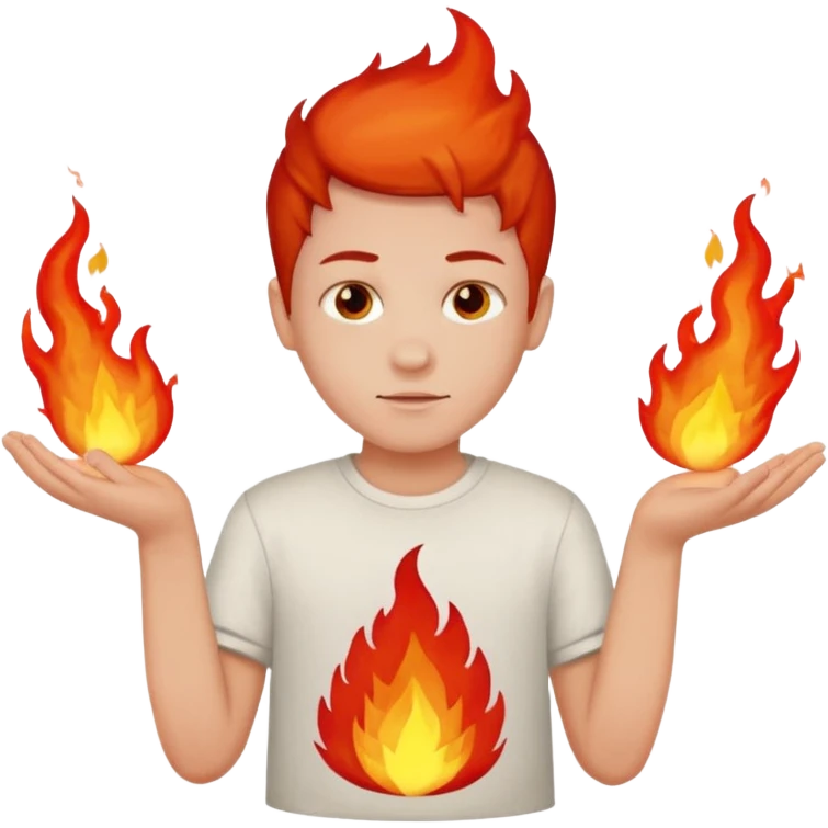 A boy with no hands fire instead made out of red fire and the boy is wearing a shirt that says FIRE C emoji