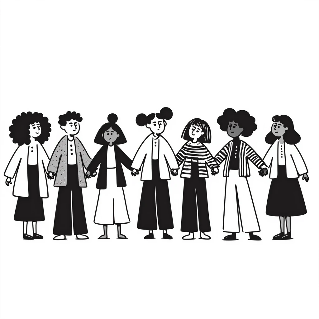 Hand-drawn illustration of people of different skin colors and ethnicities holding hands in a line, symbolizing integration and unity emoji