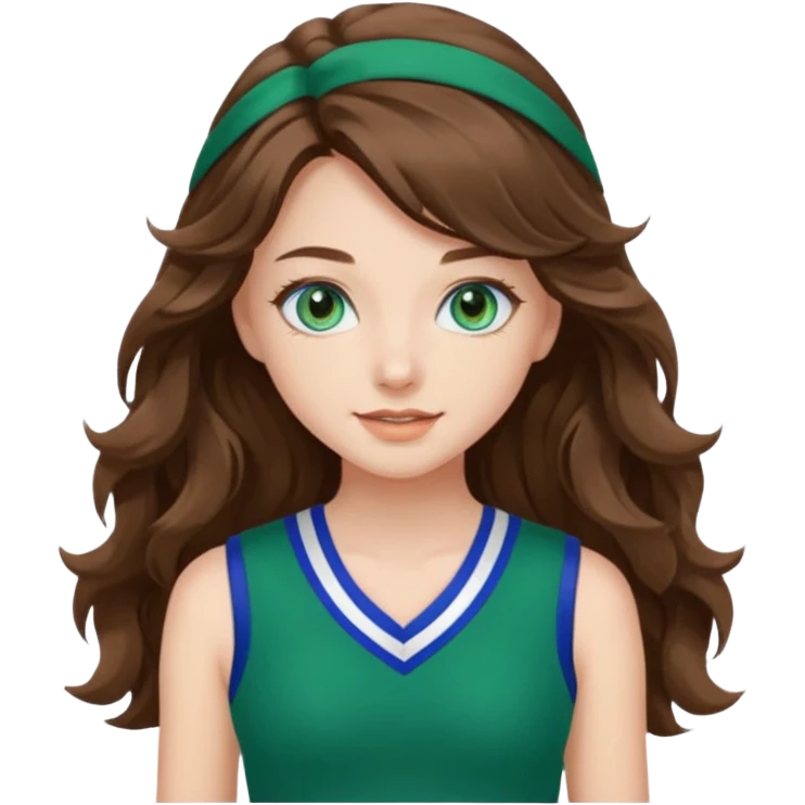 A pretty girl has blue eyes, her hair is brown long wavy hair, and wear green Hawkins cheerleader uniform emoji