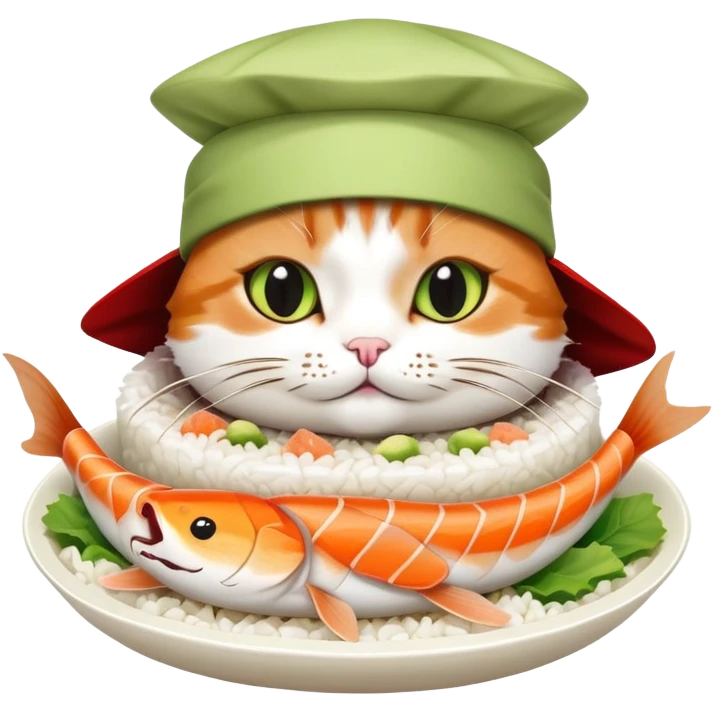 cat wearing a sushi hat with rice base, multiple fish pieces on top, wasabi accent, and soy sauce dripping, sushi hat with sauce emoji