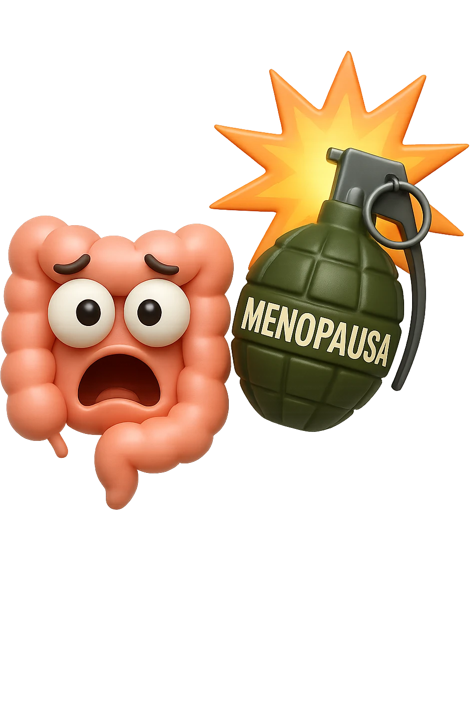 EMOJI STILE IPHONE 3D DI INTESTINO 3D CON ESPRESSIONE SPAVENTATA IN VOLTO MENTRE ACCANTO A LUI SCOPPIA UNA GRANATA 3D CON LA SCRITTA "MENOPAUSA" SOPRA, FAGLI ANCHE LA PARTE BIANCA DEGLI OCCHI, NON SOLO LA PUPILLA emoji