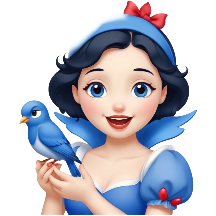 Cinematic Adorable Snow White Portrait Emoji, Giggling as a bluebird perches on her finger, cheeks rosy with joy, bright expressive eyes full of wonder, her innocence and beauty blending into a heartwarming moment! emoji