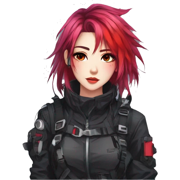 Gorgeous bright colorful techwear anime style lady with blushing face aesthetic and pretty edgy black red punk messy hair with collar and harness trending style emoji