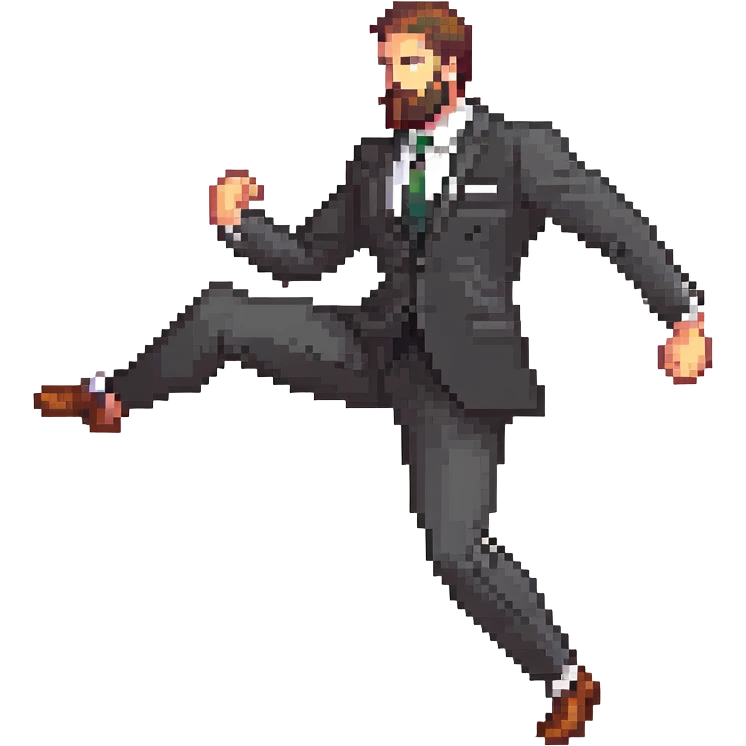 bearded man in a black suit, side kick pose emoji