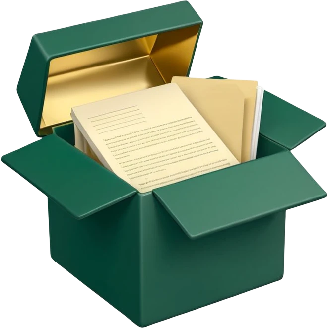 3D minimal open box with papers and documents floating out, matte finish, deep green (#0B3D2C) box, cream (#F5F5DC) papers, gold (#C9B037) subtle glow, Apple style, clean and premium, soft shadow, transparent background emoji