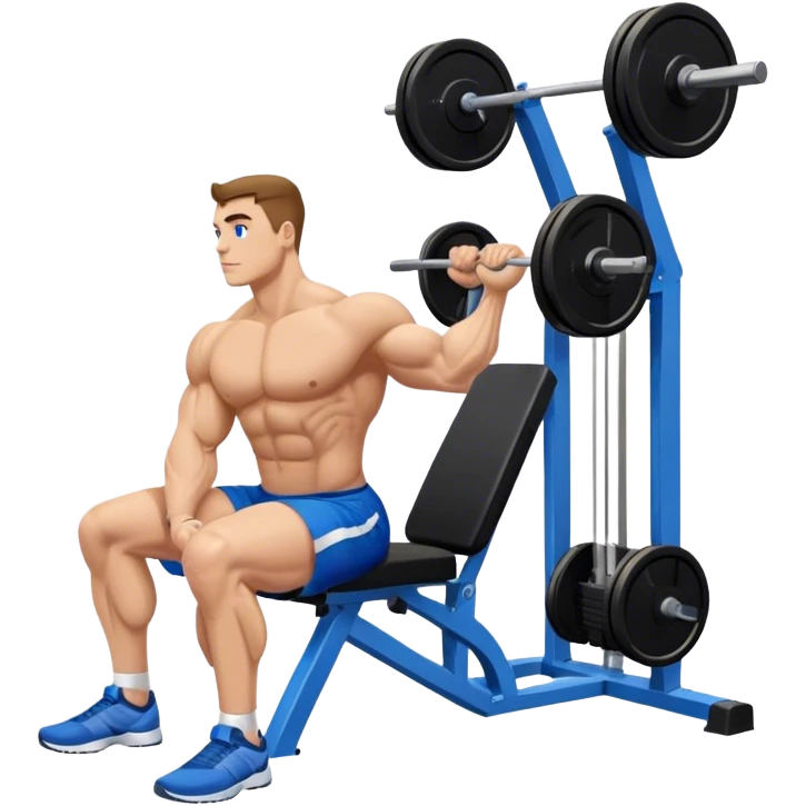 side-view bodybuilder in blue shorts seated weighted calf-raise machine on his tip toes emoji