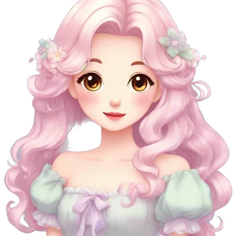 Gorgeous pastel anime style lady with blushing face and a dress cottagecore fairycore  Kawaii anime colorful pearly romantic simplistic aesthetic trending style emoji