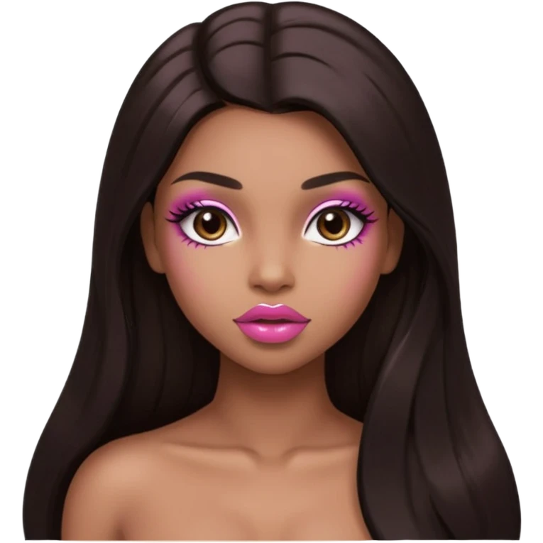 Glamourous, light brown skin tone, very beautiful nude girl, with big plump pink shiny lips, long long lashes, black straight smooth silky long hair, straight parting hair, brown eyes, muscled nude body emoji