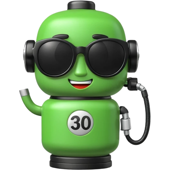 A cute 3D icon of a green gas pump character wearing oversized black sunglasses. Round and chubby proportions, glossy toy-like texture, soft pastel lighting, friendly expression, smooth edges, high-quality render, isolated on a transparent background. emoji