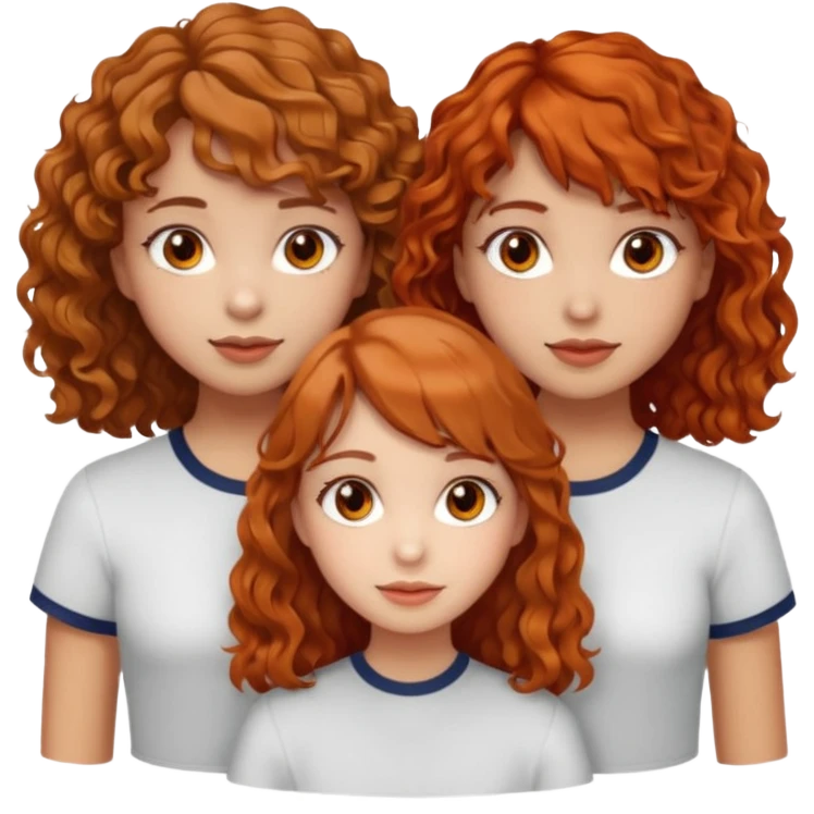 three girls together, left girl light skin curly brown hair brown eyes, center girl light skin wavy orange hair light brown eyes, right girl light skin light brown hair with bangs brown eyes emoji