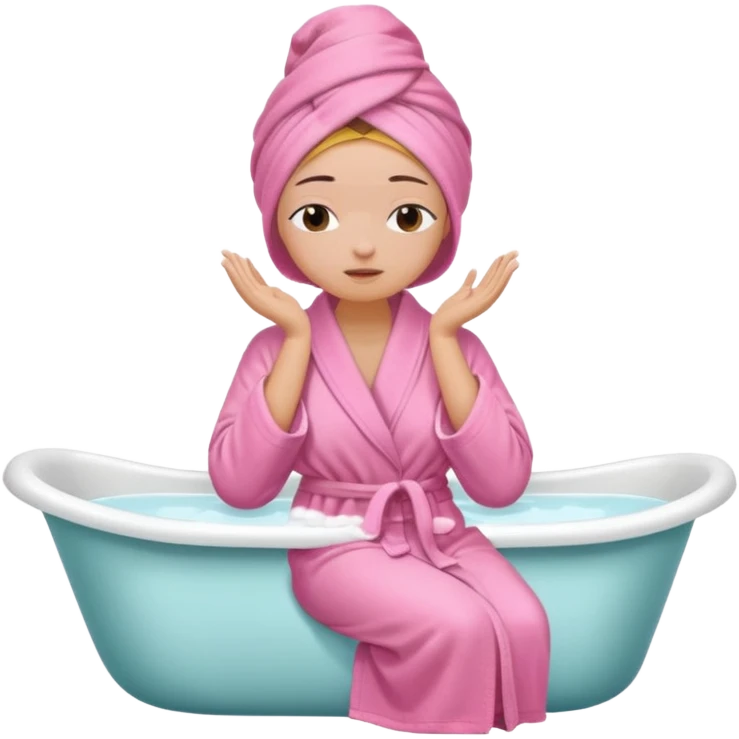 A woman sitting on the edge of a bathtub, wearing a pink bathrobe and towel on her head, one hand on her shoulders and eyes closed  emoji