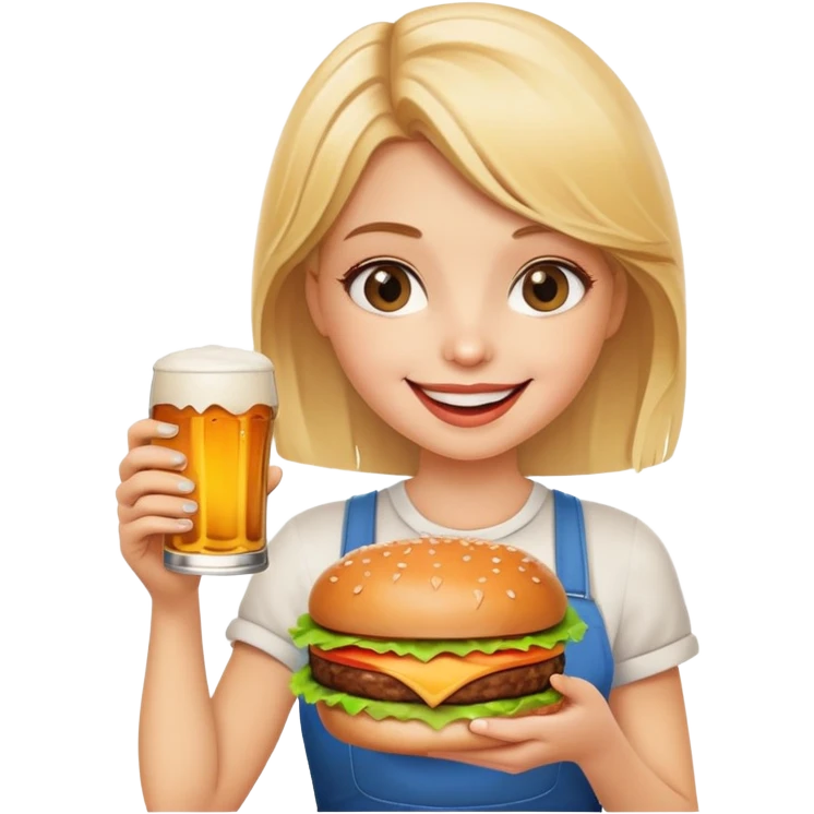 happy blonde girl with burger and beer  emoji