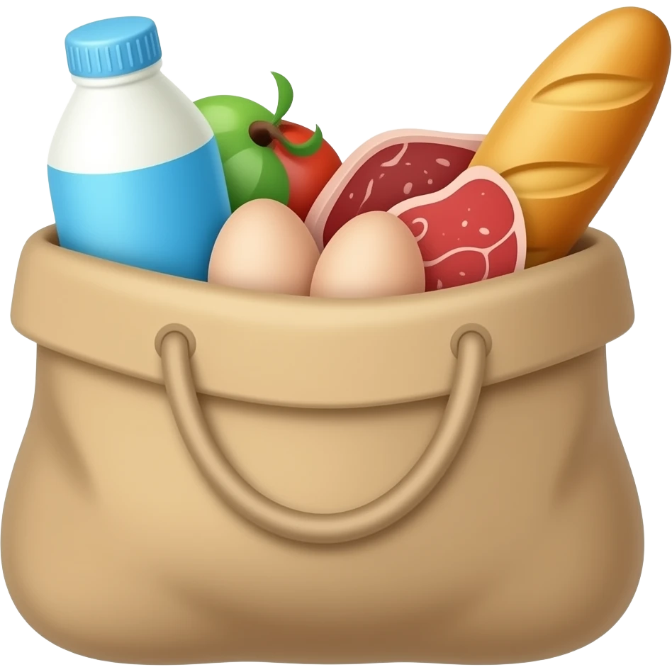 bolsas con despensa, leche, huevos, pan, frutas, carne etc emoji