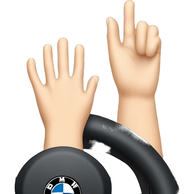 A woman's manicured hand rests on the steering wheel of a BMW emoji