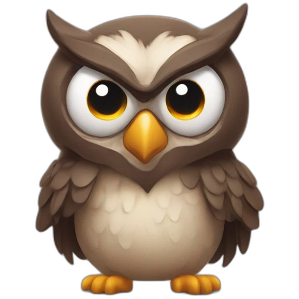 owl with with devil horns, a wide grin, and eyes and eyebrows scrunched downward, looks angry emoji