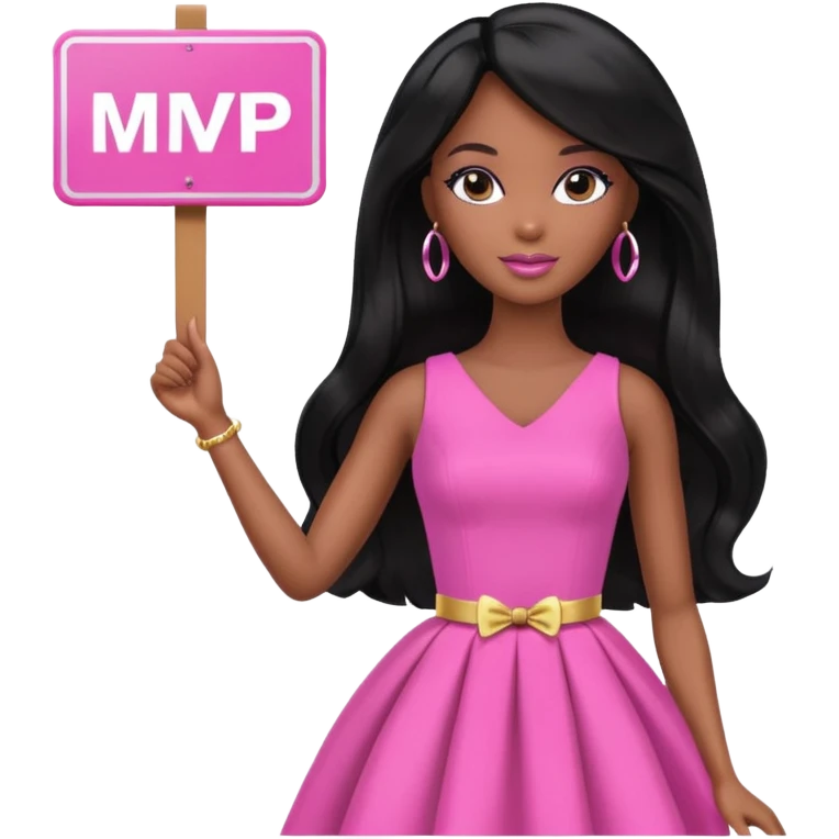 Black barbie, long black  hair, pink dress holding mvp sign  emoji