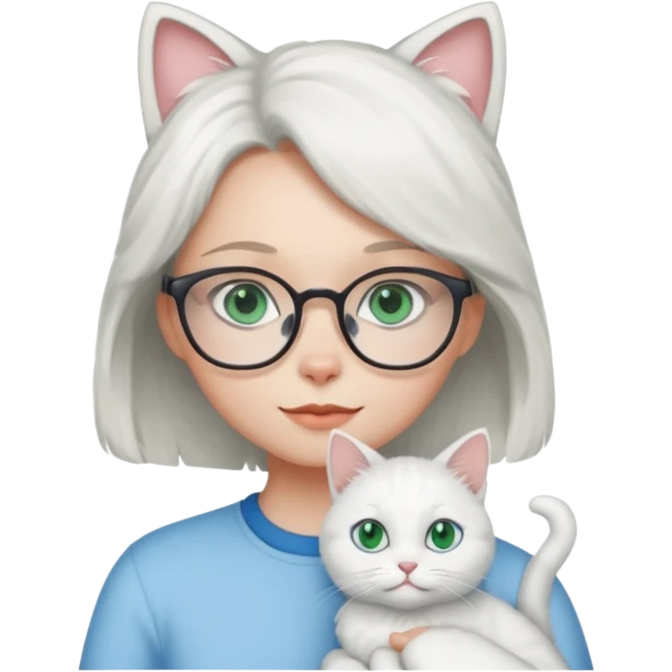 Deci .. fetița sa aibă ochii grii spre albastru ,pisica alba ochii verși ,iar a doua pisica ochii albaștrii fata ochelari  emoji