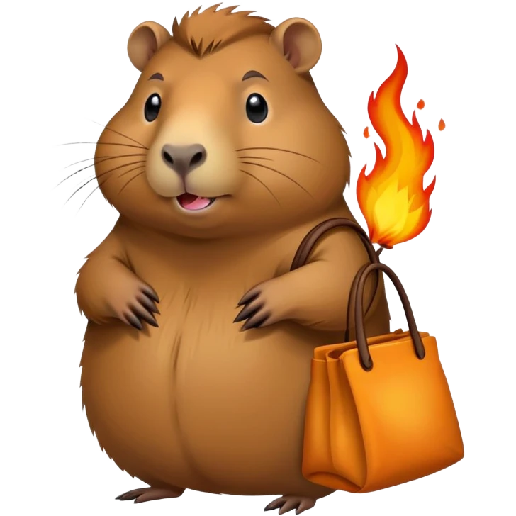 Iconic capybara with burning bag, and a sassy but caring attitude. emoji