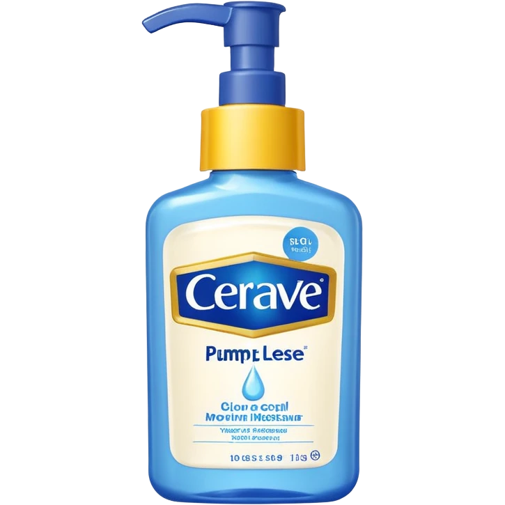 White CeraVe pump bottle with blue label and bright yellow  glow badge. Floating in golden morning light, encircled by radiant sunbeams and shimmering protective particles. A shield of light surrounds it like a solar barrier. Glossy, potion-like, symbolizing daily moisture and powerful sun defense. emoji