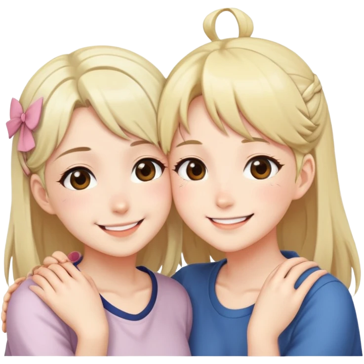 Two cute anime girls with their faces pressed together cheek to cheek, smiling happily emoji