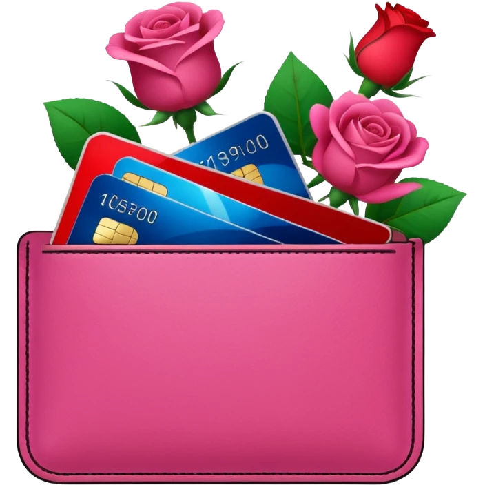 Pink pocket Wallet with credit cards inside and roses growing from it emoji