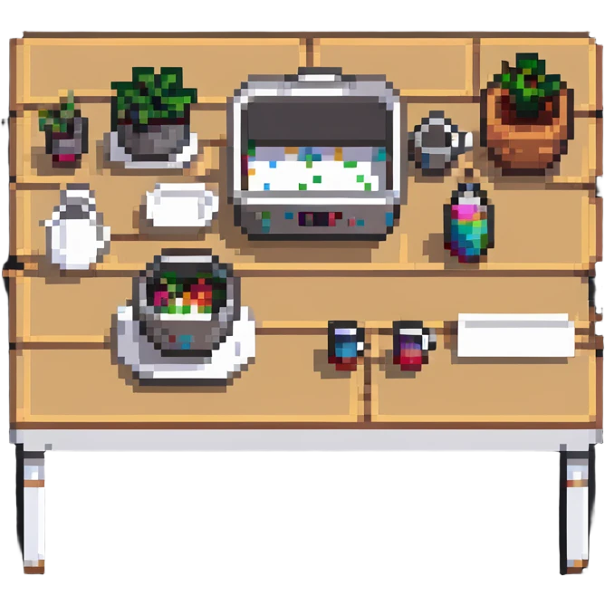rectangle kitchen table with white legs and light wood top in pixel art style emoji