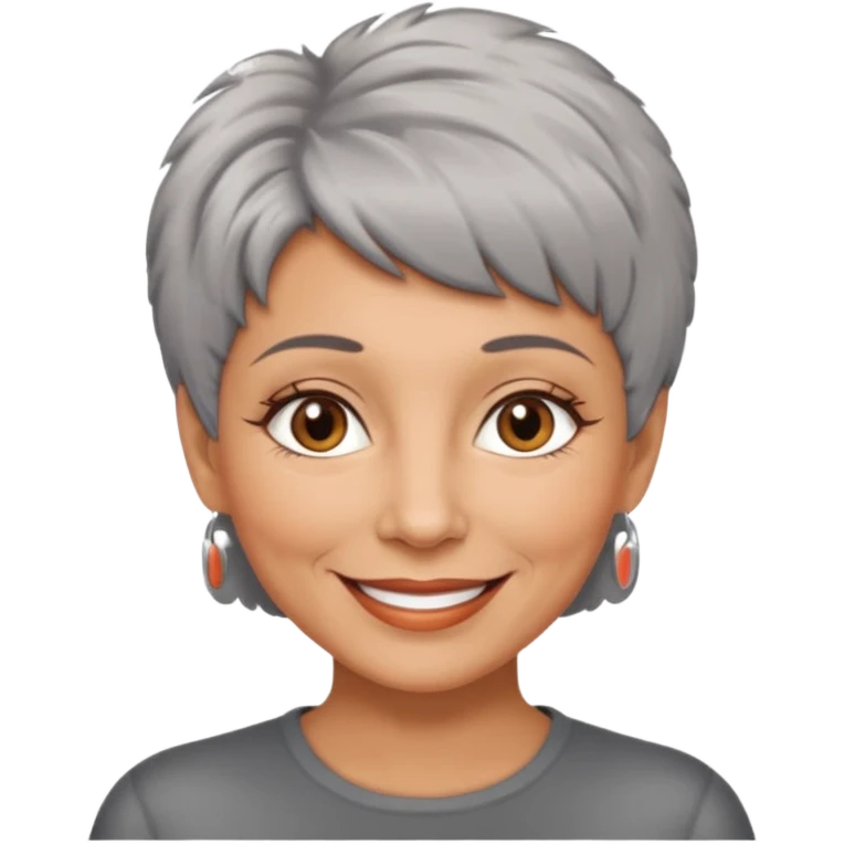 woman 50 years old, short grey fluffy cut hair, tannes skin and brown eyes emoji