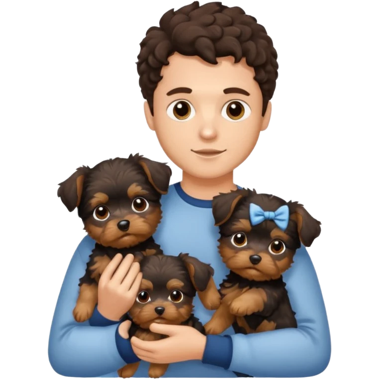 young man with dark brown curly hair, deep set eyes with two Yorkie puppies emoji
