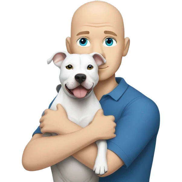 bald white man with blue eyes hugging fully grey pit bull emoji