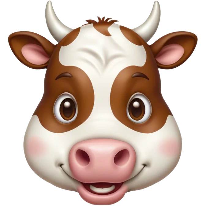 Cinematic Comical Brown and White Cow Portrait Emoji, Head tilted dramatically with an exaggeratedly amused expression, featuring a striking, glossy hide with a dynamic mix of brown and white, wide, expressive brown eyes filled with playful disbelief, Simplified yet hilariously expressive features, highly detailed, glowing with a slightly sassy glow, high shine, dramatic yet playful, stylized with an air of cheeky mischief, bright and endearing, soft glowing outline, capturing the essence of a spirited and over-the-top cow, so meme-worthy it feels like it could moo its way into internet fame instantly! emoji