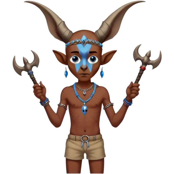 Red brownish figure with blue eyes a horn on his head long ears a skull necklace arms banded with something and a small bat with a band banded to the handle and the bottom being brown wearing a skinny brown short to cover his you know and but and long nails and long toenails emoji