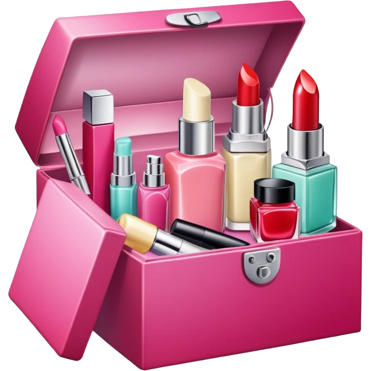 an open box overflowing with beauty products, including lipstick, face cream, and a perfume bottle emoji