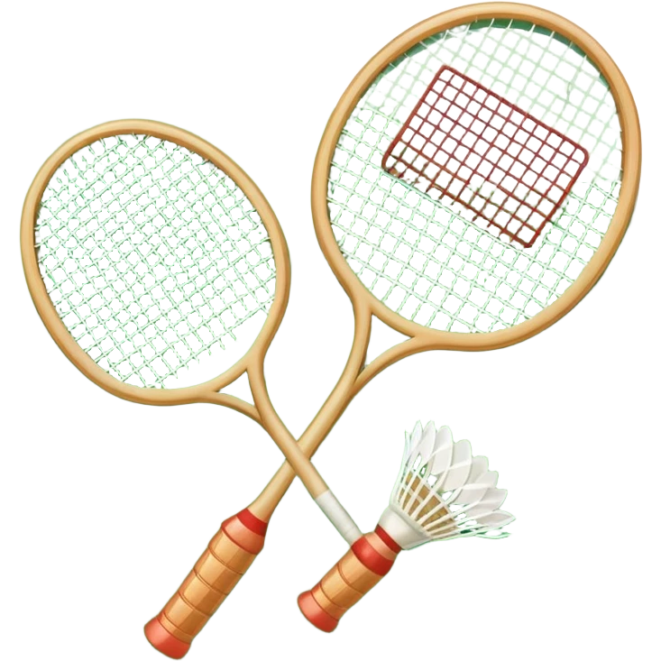 Two crossed badminton rackets with a shuttlecock resting in between, set against the faint outline of a badminton court. The image highlights the tools of the sport, with a subtle emphasis on the court's net and boundaries, symbolizing competition and skill. emoji