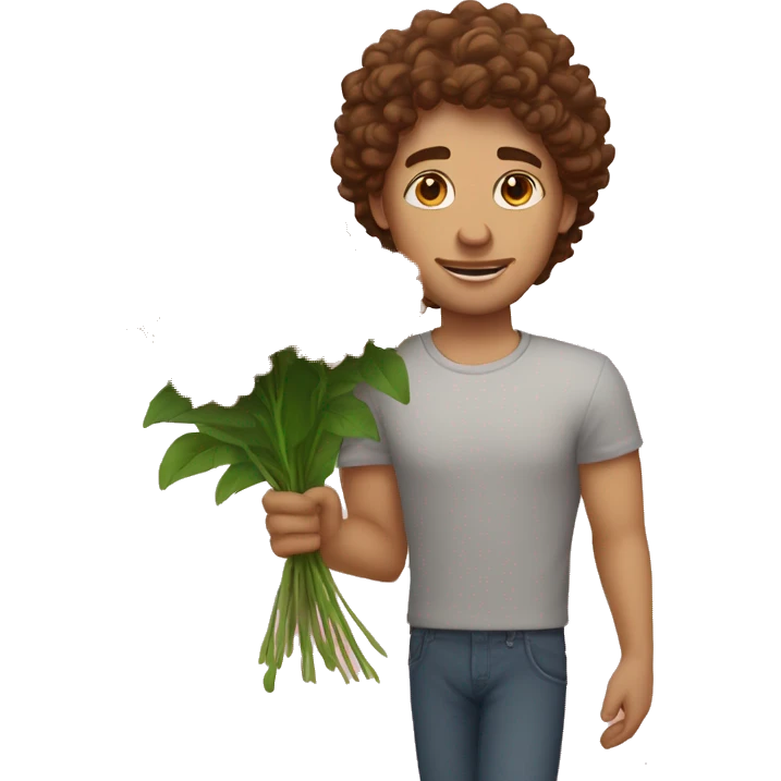 White man with brown, curly hair holding flowers in his right hand and a sign reading “Julia<3” in his left hand emoji