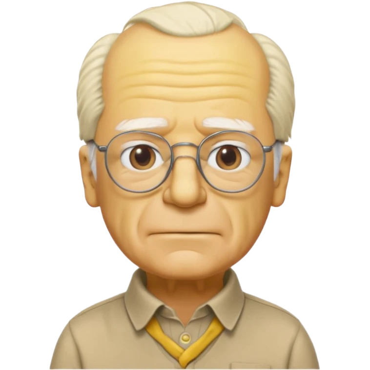 A 3D cartoon close-up of Grandpa Abe Simpson, yellow skin, bald head with side tufts of white hair, glasses, wrinkled face, beige shirt with collar, soft yellow lighting, cinematic Memoji-style portrait consistent with other Simpsons family members. emoji