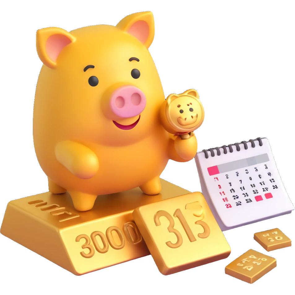3D gold bar with a calendar and a piggy bank, representing weekly saving, Microsoft 3D emoji style emoji
