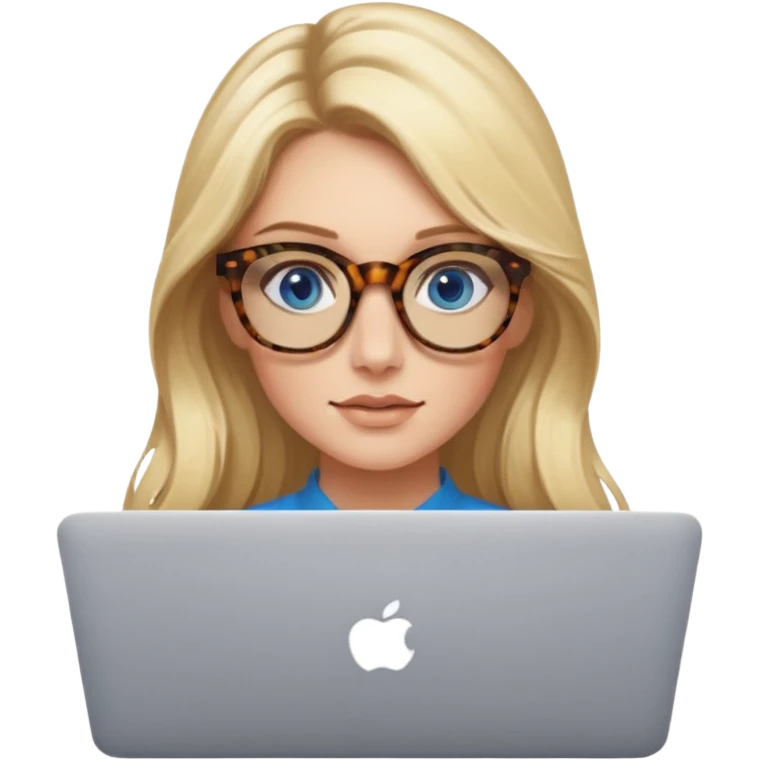  long blown out blonde hair woman blue eyes with tortoise shell print glasses on mac book  emoji